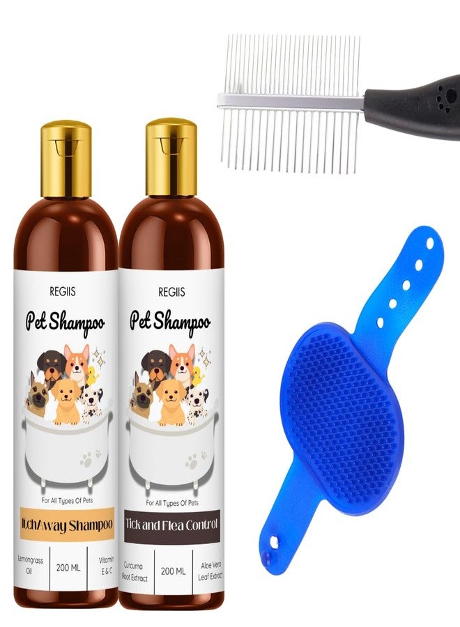 REGIIS Pet Grooming Kit, Dog Shampoo Set with Tick and Flea Control, Anti-Itch Formula, 200ml Each, Metal Comb and Brush Included(Pack of 4) - Image 1